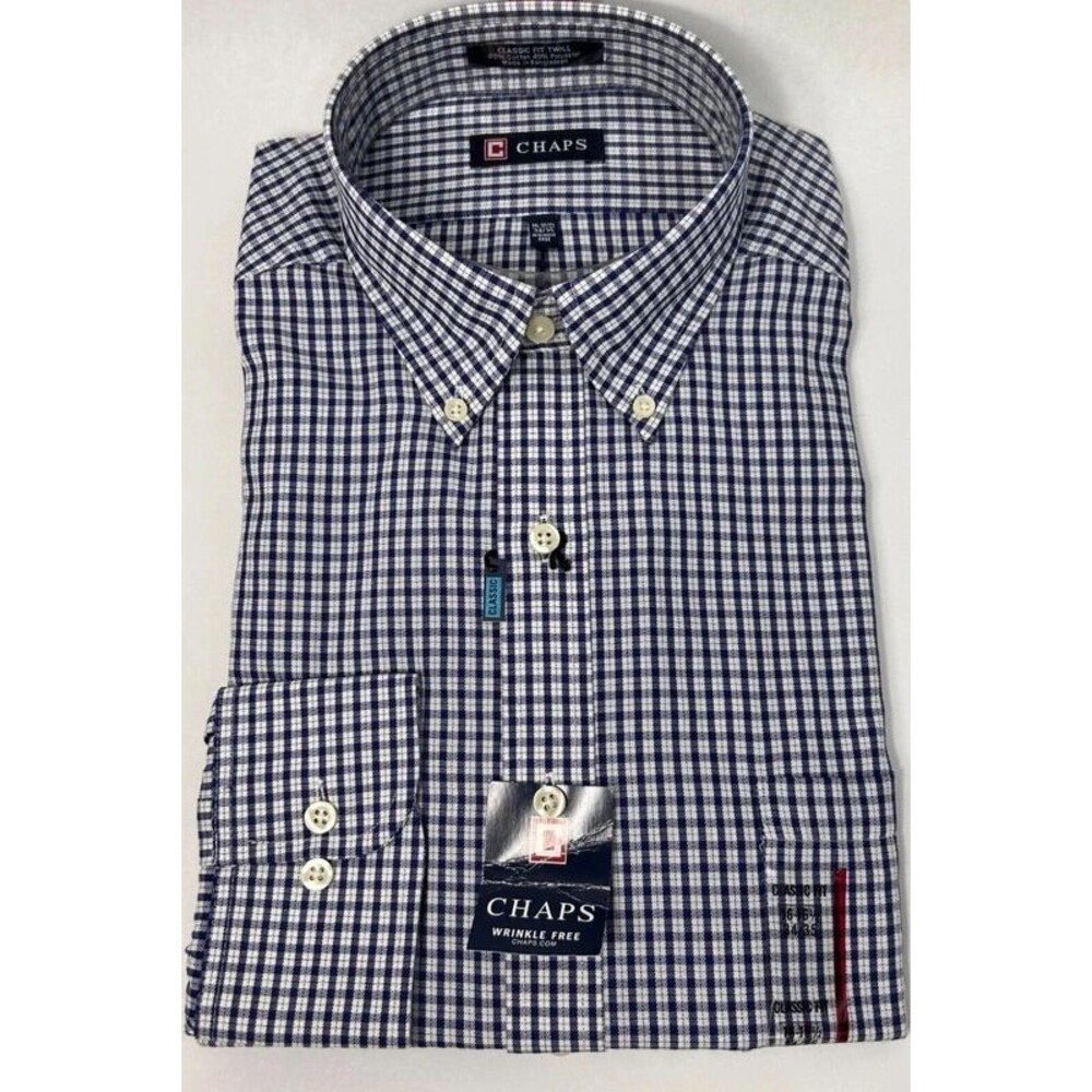CHAPS Men’s Twill Shirt Large Blue Long Sleeve Button Down Checkt